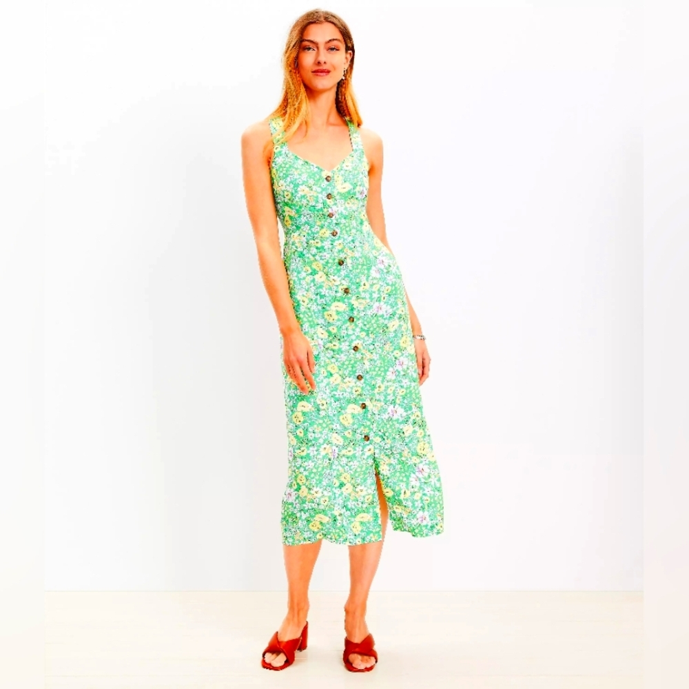 Loft Floral Crossover Back Button Midi Dress on Size 6 Regular